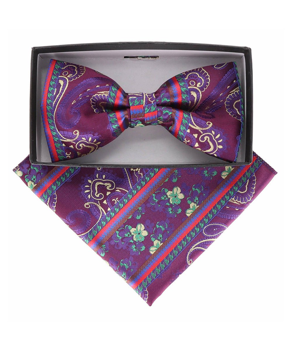 Vittorio Farina Men's Paisley Design Satin Bow Tie & Pocket Square in Gift Box - Suits You Sir - BH - 21166 -