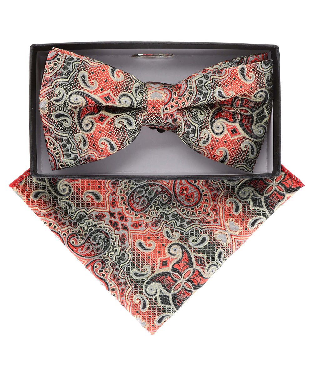 Vittorio Farina Men's Paisley Design Satin Bow Tie & Pocket Square in Gift Box - Suits You Sir - BH - 21166 -