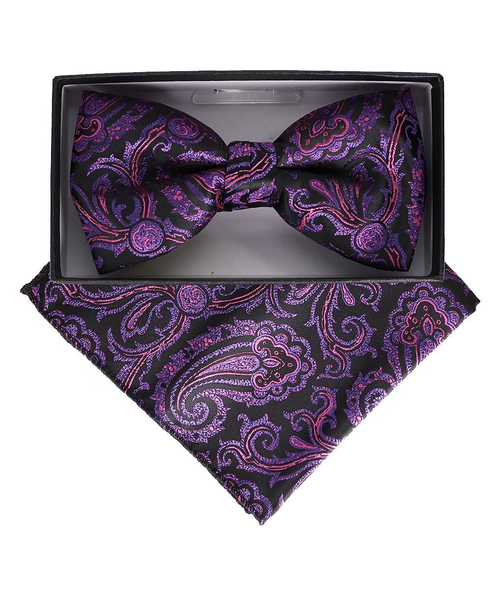 Vittorio Farina Men's Paisley Design Satin Bow Tie & Pocket Square in Gift Box - Suits You Sir - BH - 23026 -