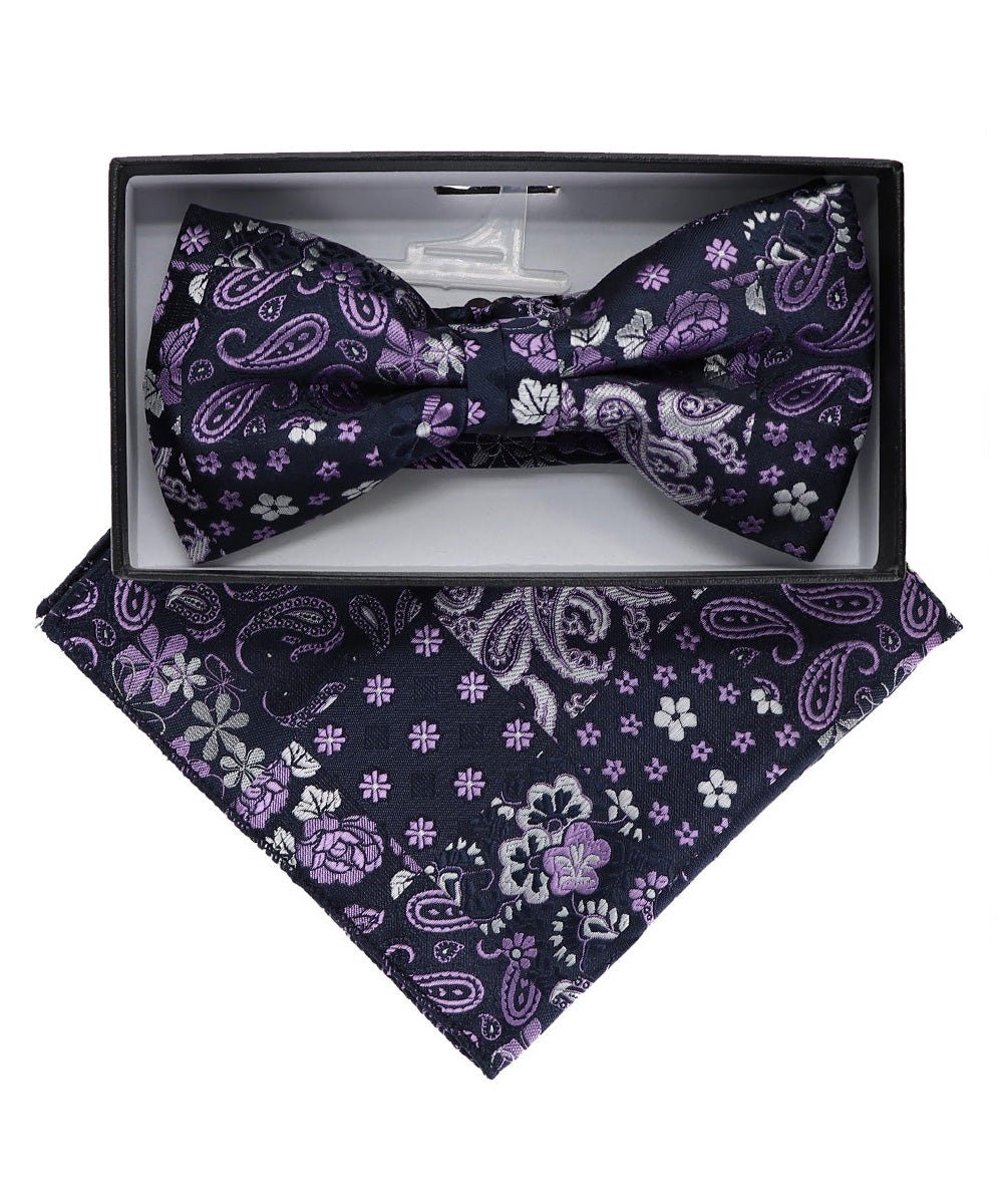 Vittorio Farina Men's Paisley Design Satin Bow Tie & Pocket Square in Gift Box - Suits You Sir - BH - 23059 -