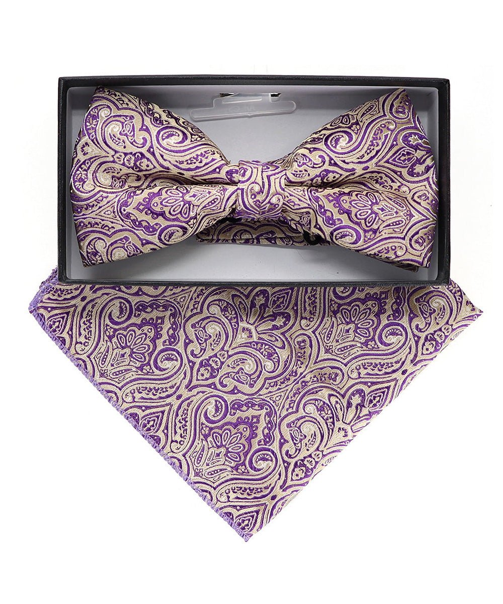 Vittorio Farina Men's Paisley Design Satin Bow Tie & Pocket Square in Gift Box - Suits You Sir - BH - 23064 -