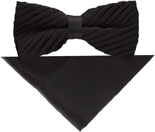 Vittorio Farina Men's Pleated Satin Bow Tie & Pocket Square in Gift Box - Suits You Sir - Black -