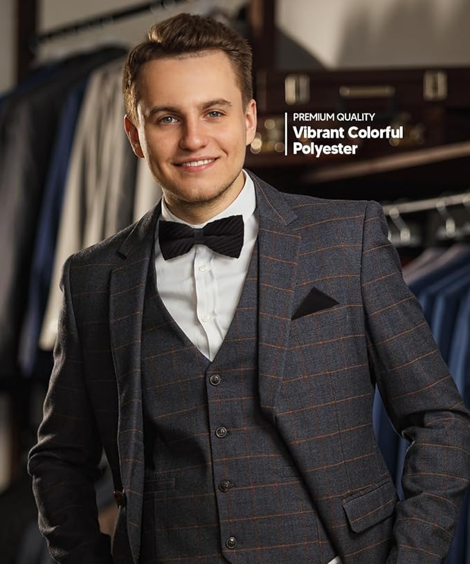 Vittorio Farina Men's Pleated Satin Bow Tie & Pocket Square in Gift Box - Suits You Sir - Black -