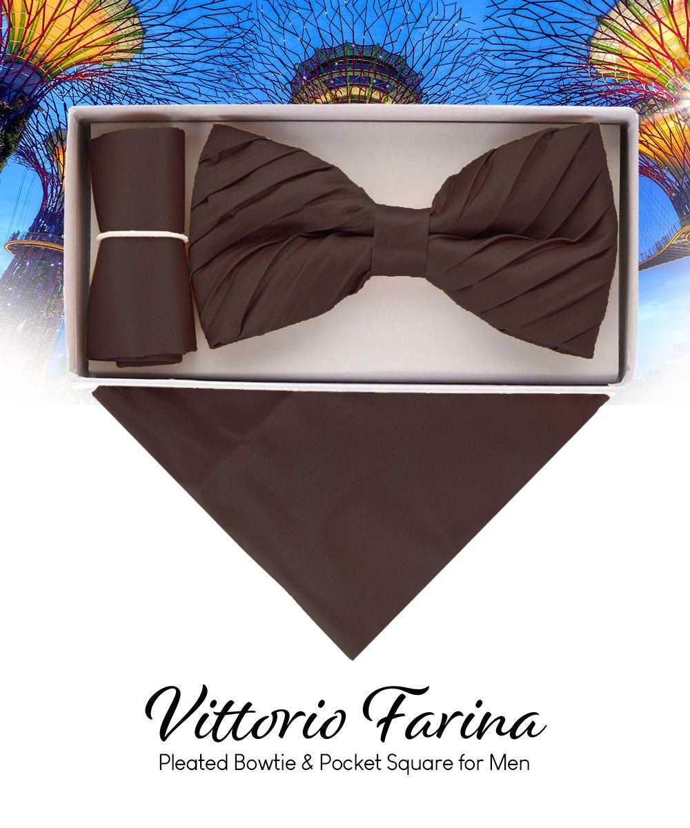Vittorio Farina Men's Pleated Satin Bow Tie & Pocket Square in Gift Box - Suits You Sir - Brown -