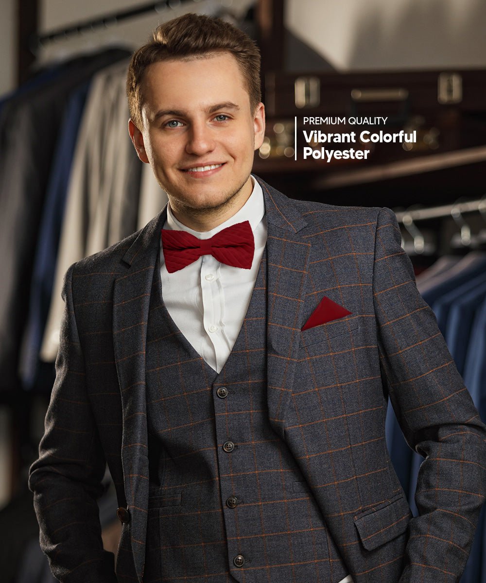 Vittorio Farina Men's Pleated Satin Bow Tie & Pocket Square in Gift Box - Suits You Sir - Burgundy -