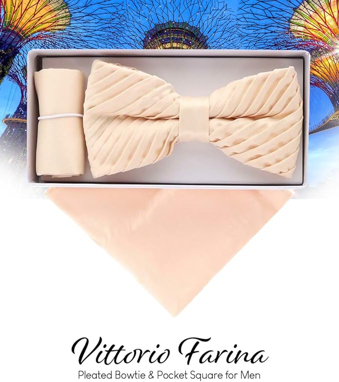 Vittorio Farina Men's Pleated Satin Bow Tie & Pocket Square in Gift Box - Suits You Sir - Ivory -