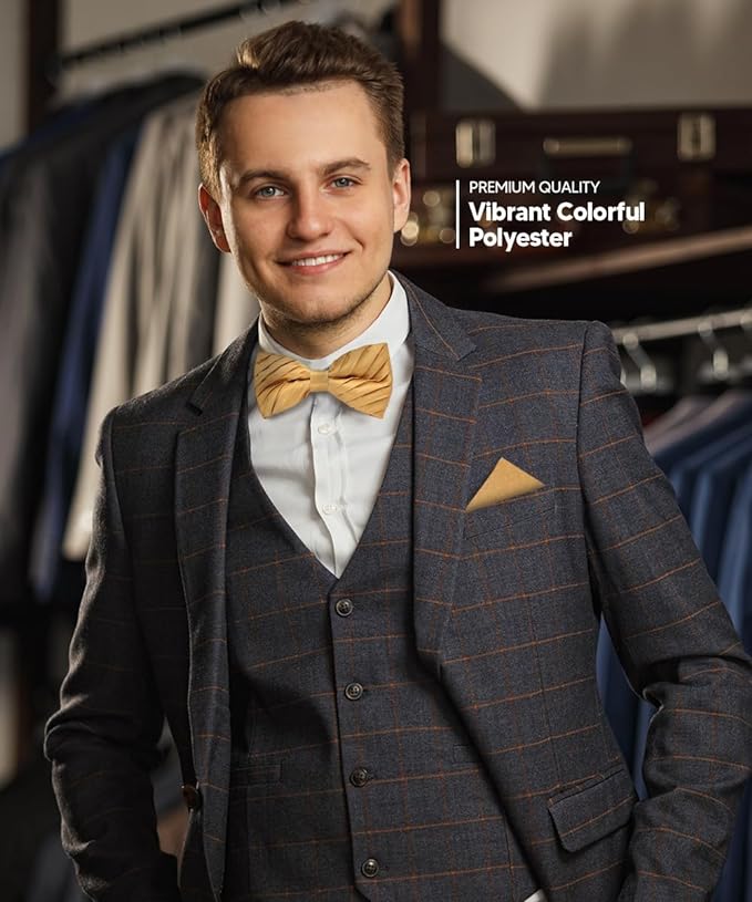 Vittorio Farina Men's Pleated Satin Bow Tie & Pocket Square in Gift Box - Suits You Sir - Mustard Yellow -