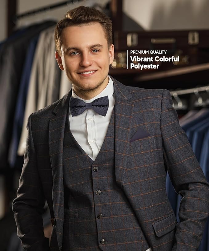 Vittorio Farina Men's Pleated Satin Bow Tie & Pocket Square in Gift Box - Suits You Sir - Navy Blue -