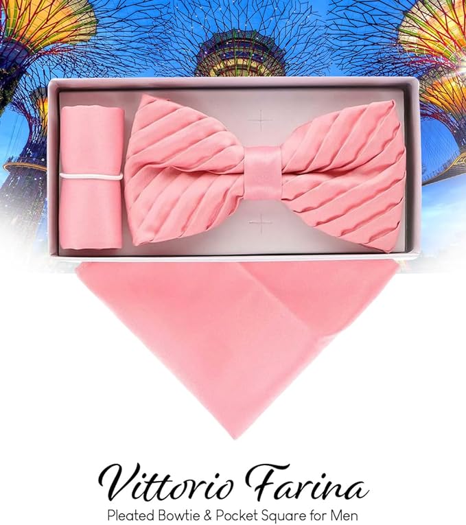 Vittorio Farina Men's Pleated Satin Bow Tie & Pocket Square in Gift Box - Suits You Sir - Pink -