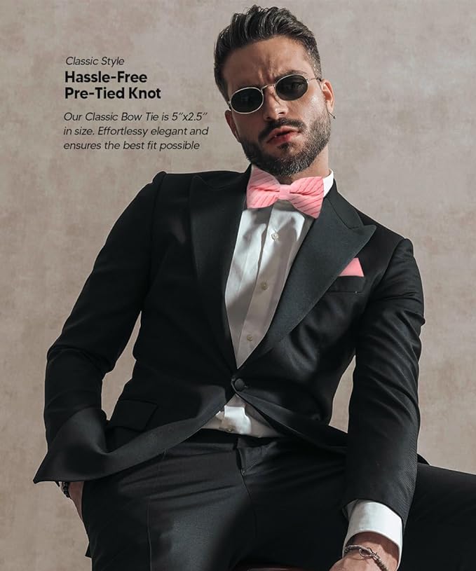 Vittorio Farina Men's Pleated Satin Bow Tie & Pocket Square in Gift Box - Suits You Sir - Pink -