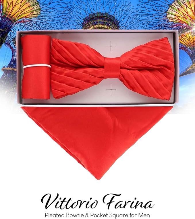 Vittorio Farina Men's Pleated Satin Bow Tie & Pocket Square in Gift Box - Suits You Sir - Red -