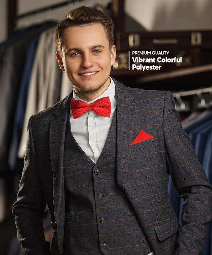 Vittorio Farina Men's Pleated Satin Bow Tie & Pocket Square in Gift Box - Suits You Sir - Red -
