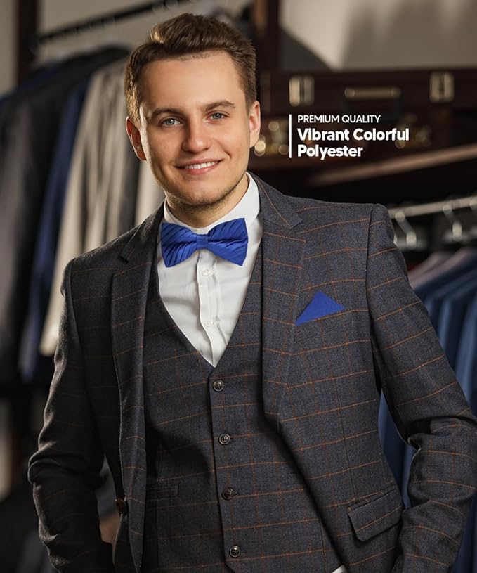 Vittorio Farina Men's Pleated Satin Bow Tie & Pocket Square in Gift Box - Suits You Sir - Royal Blue -