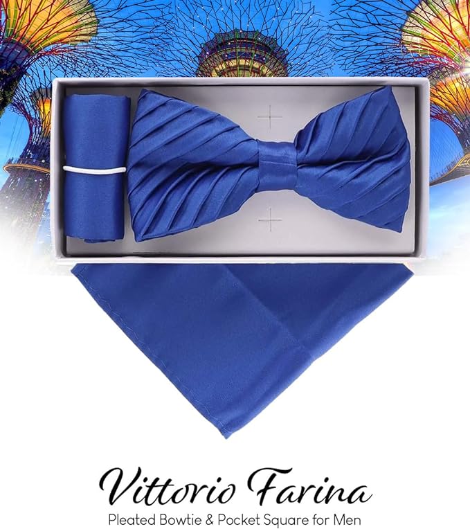 Vittorio Farina Men's Pleated Satin Bow Tie & Pocket Square in Gift Box - Suits You Sir - Royal Blue -