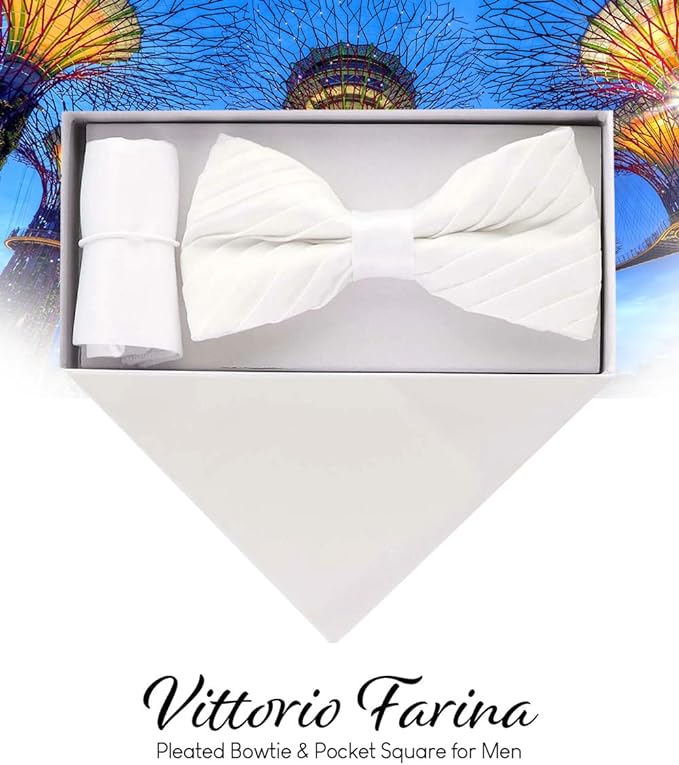 Vittorio Farina Men's Pleated Satin Bow Tie & Pocket Square in Gift Box - Suits You Sir - White -