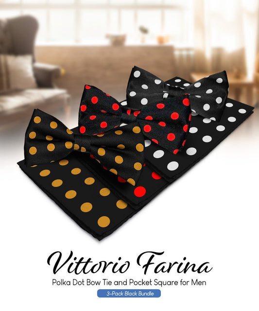 Vittorio Farina Men's Polka Dot Satin Bow Tie & Pocket Square in Gift Box (Multipack) - Suits You Sir - Black and Gold/Black and Red/Black and White -