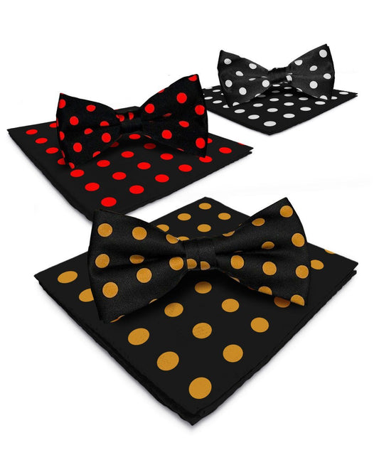 Vittorio Farina Men's Polka Dot Satin Bow Tie & Pocket Square in Gift Box (Multipack) - Suits You Sir - Black and Gold/Black and Red/Black and White -