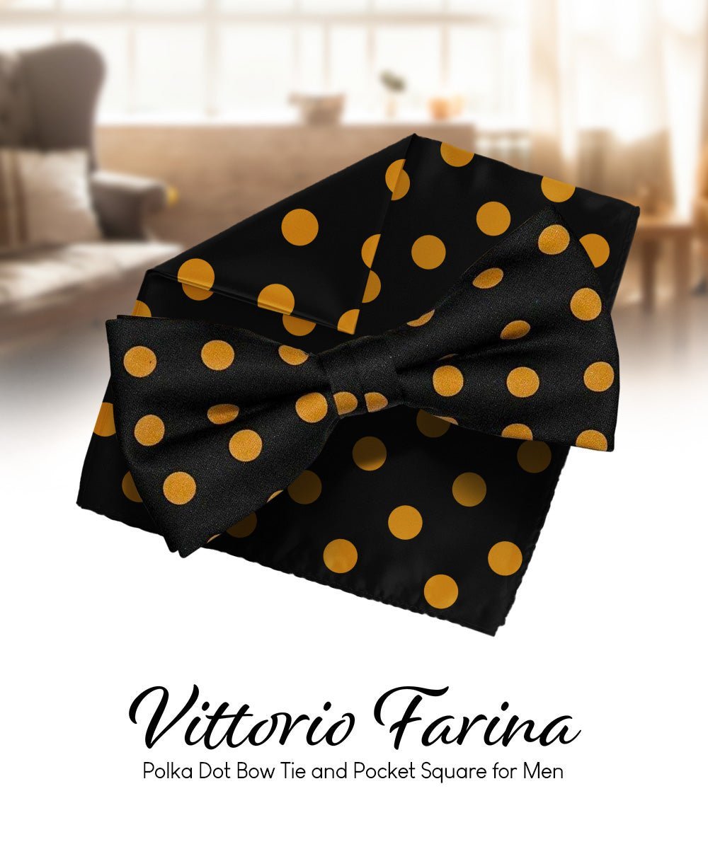 Vittorio Farina Men's Polka Dot Satin Bow Tie & Pocket Square in Gift Box - Suits You Sir - Black and Gold -