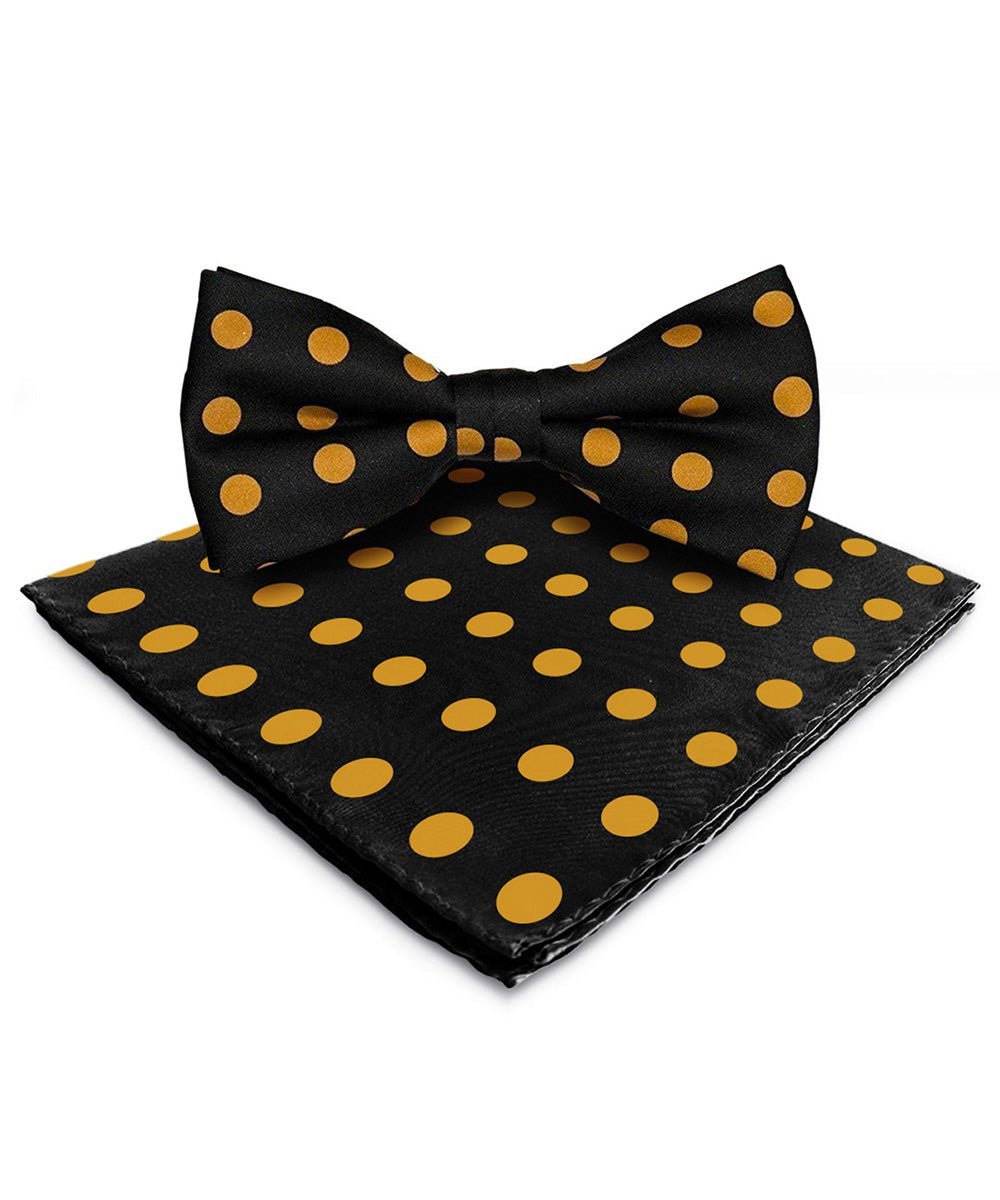 Vittorio Farina Men's Polka Dot Satin Bow Tie & Pocket Square in Gift Box - Suits You Sir - Black and Gold -