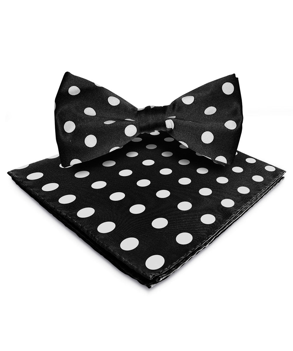 Vittorio Farina Men's Polka Dot Satin Bow Tie & Pocket Square in Gift Box - Suits You Sir - Black and White -