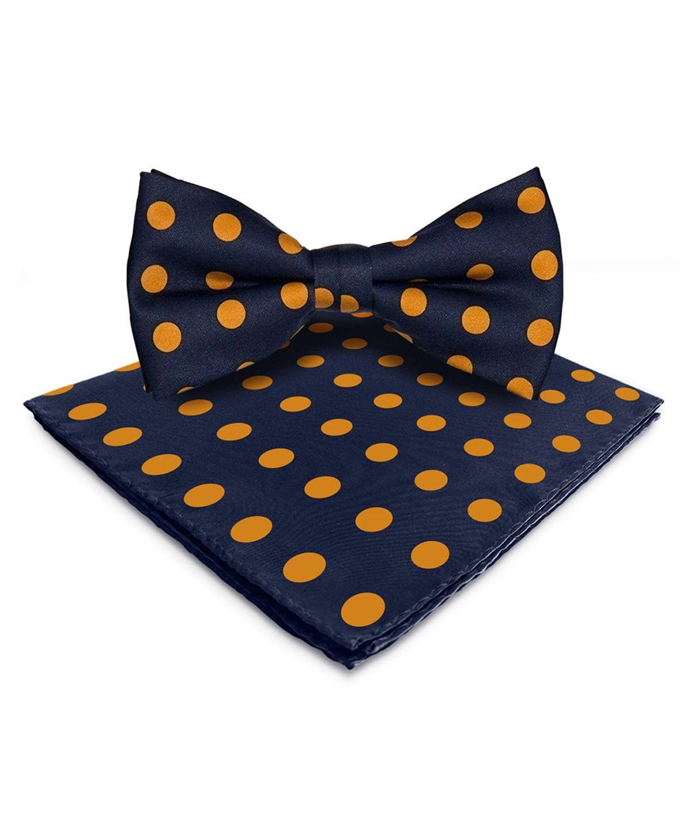 Vittorio Farina Men's Polka Dot Satin Bow Tie & Pocket Square in Gift Box - Suits You Sir - Navy Blue and Gold -