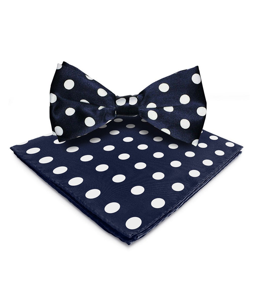 Vittorio Farina Men's Polka Dot Satin Bow Tie & Pocket Square in Gift Box - Suits You Sir - Navy Blue and White -