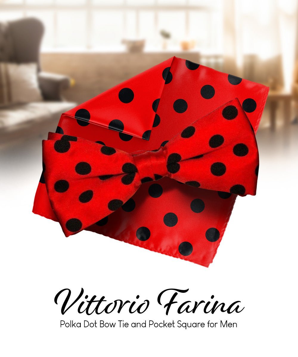 Vittorio Farina Men's Polka Dot Satin Bow Tie & Pocket Square in Gift Box - Suits You Sir - Red and Black -