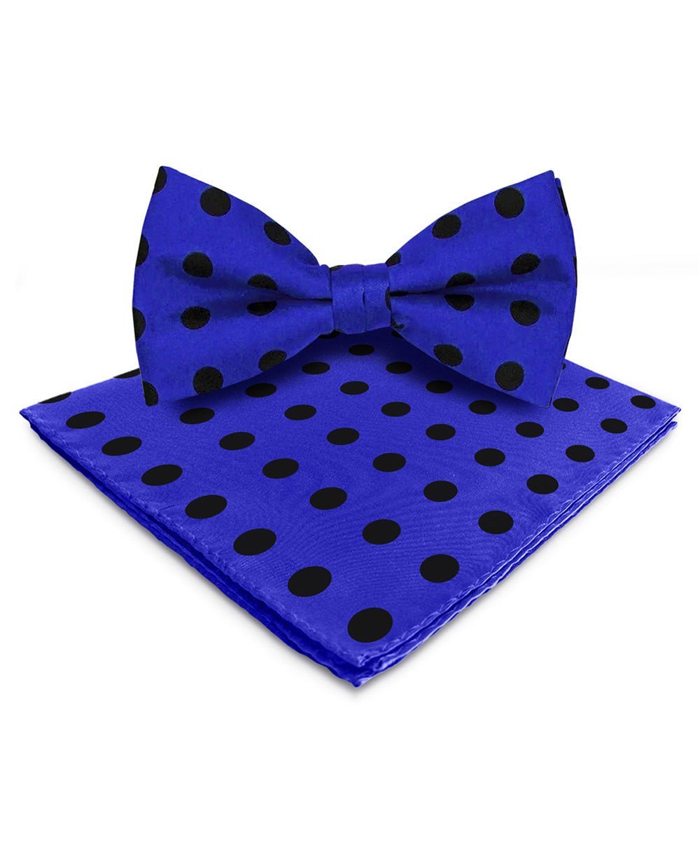 Vittorio Farina Men's Polka Dot Satin Bow Tie & Pocket Square in Gift Box - Suits You Sir - Royal Blue and Black -