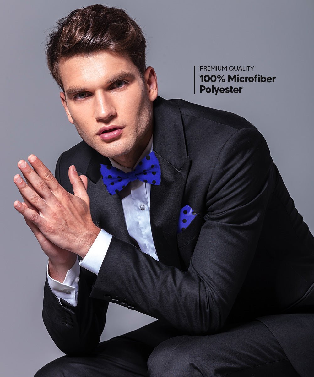 Vittorio Farina Men's Polka Dot Satin Bow Tie & Pocket Square in Gift Box - Suits You Sir - Royal Blue and Black -