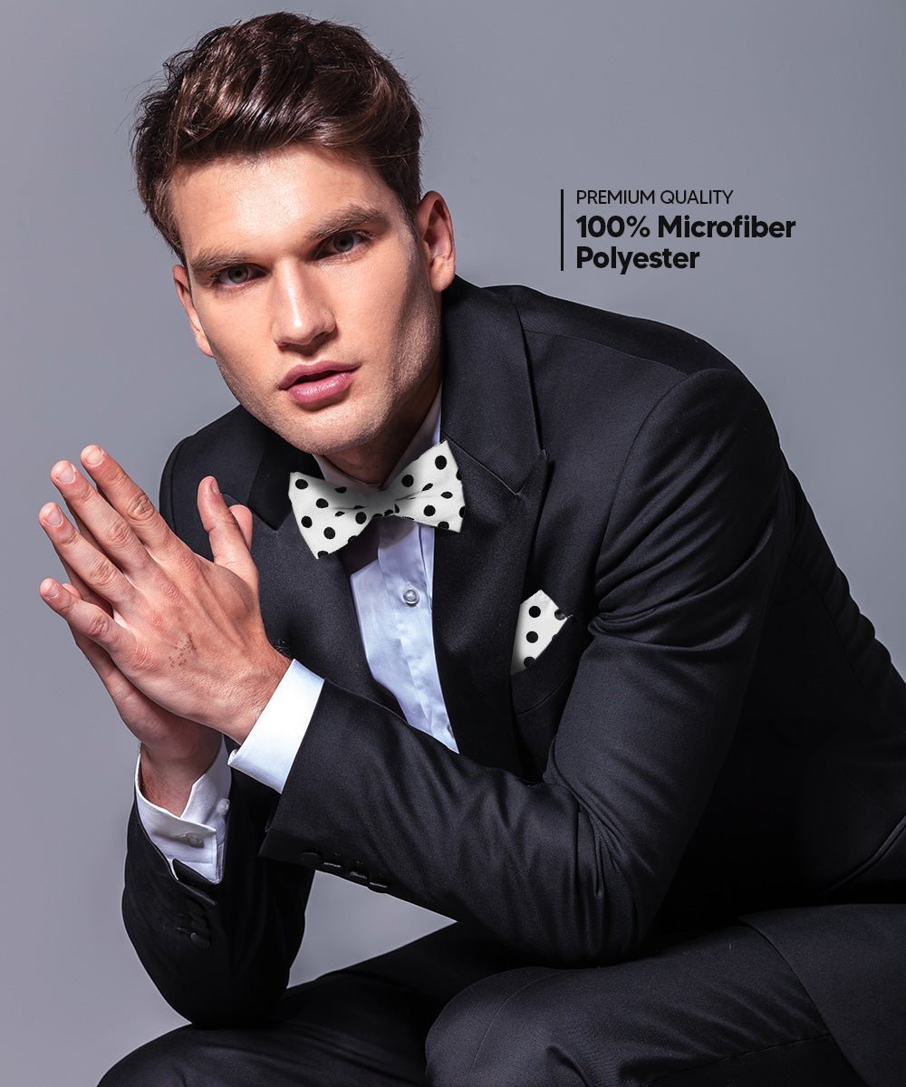 Vittorio Farina Men's Polka Dot Satin Bow Tie & Pocket Square in Gift Box - Suits You Sir - White and Black -