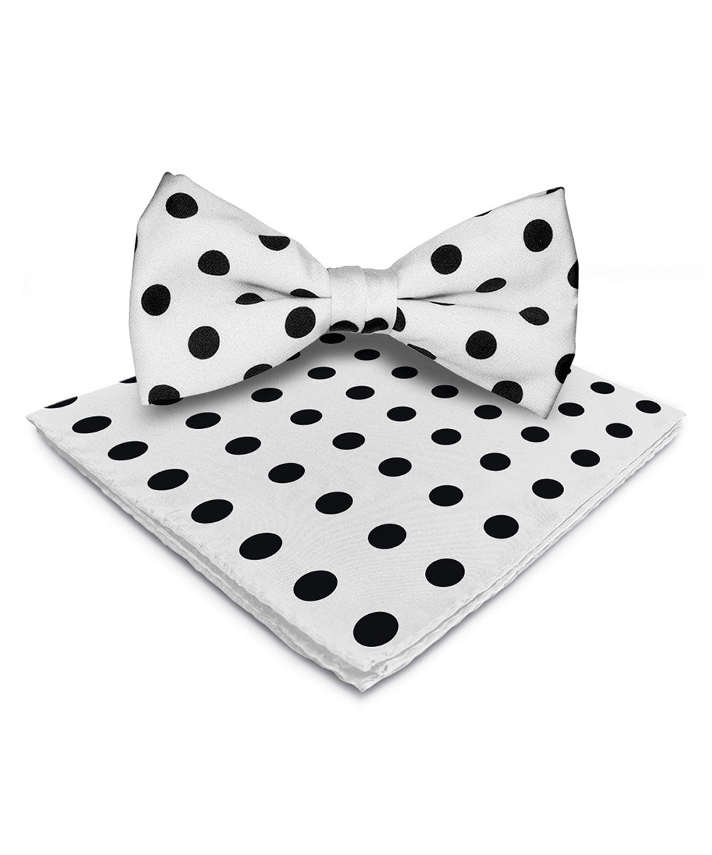 Vittorio Farina Men's Polka Dot Satin Bow Tie & Pocket Square in Gift Box - Suits You Sir - White and Black -