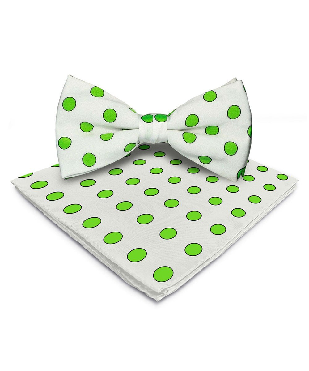 Vittorio Farina Men's Polka Dot Satin Bow Tie & Pocket Square in Gift Box - Suits You Sir - White and Green -