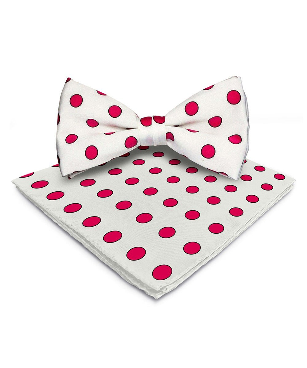 Vittorio Farina Men's Polka Dot Satin Bow Tie & Pocket Square in Gift Box - Suits You Sir - White and Hot Pink -