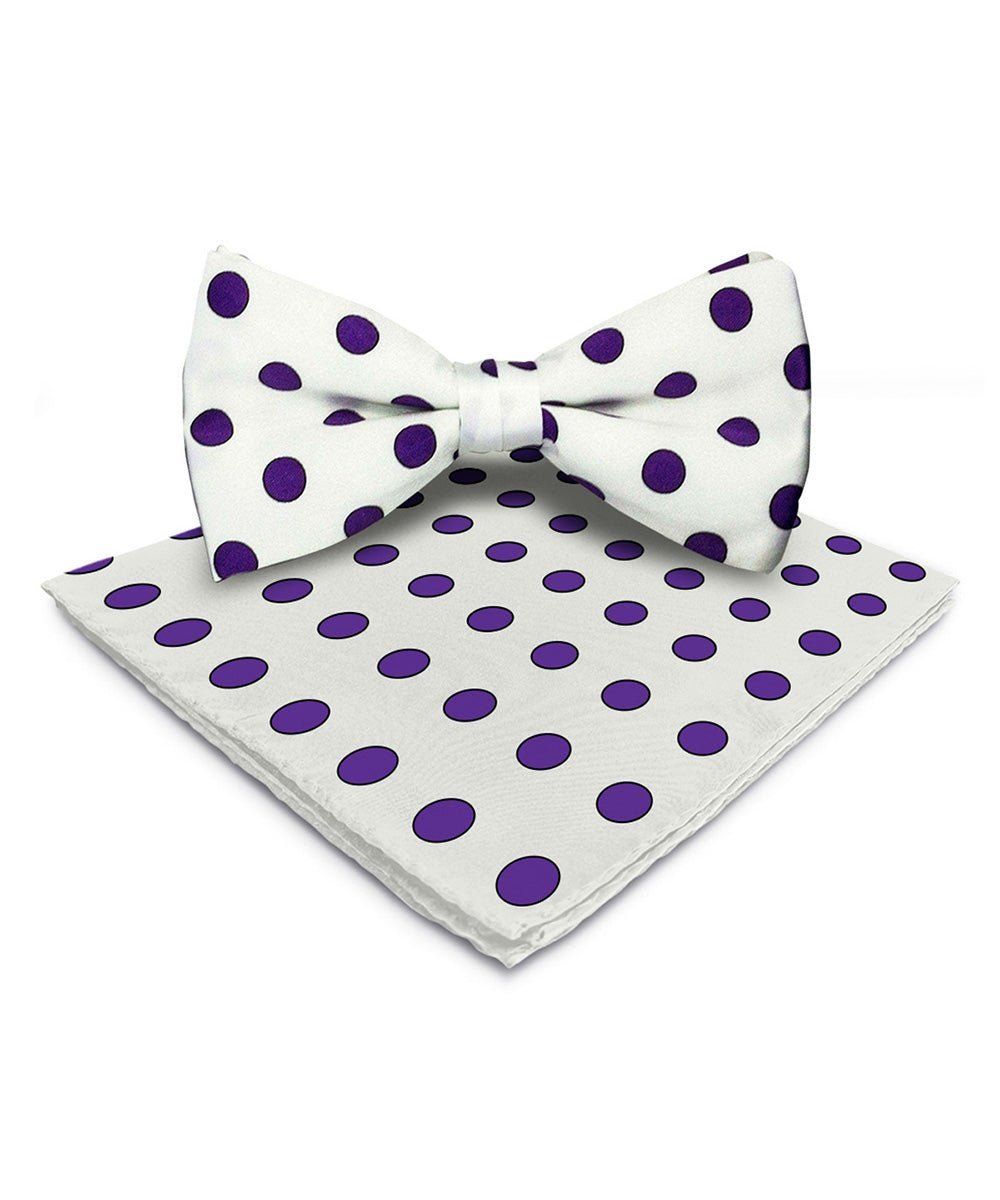 Vittorio Farina Men's Polka Dot Satin Bow Tie & Pocket Square in Gift Box - Suits You Sir - White and Purple -