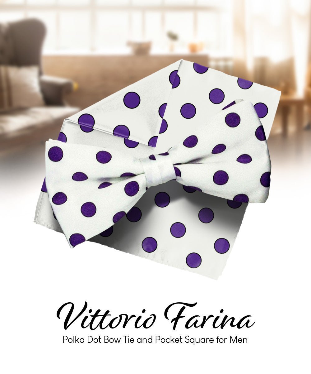 Vittorio Farina Men's Polka Dot Satin Bow Tie & Pocket Square in Gift Box - Suits You Sir - White and Purple -