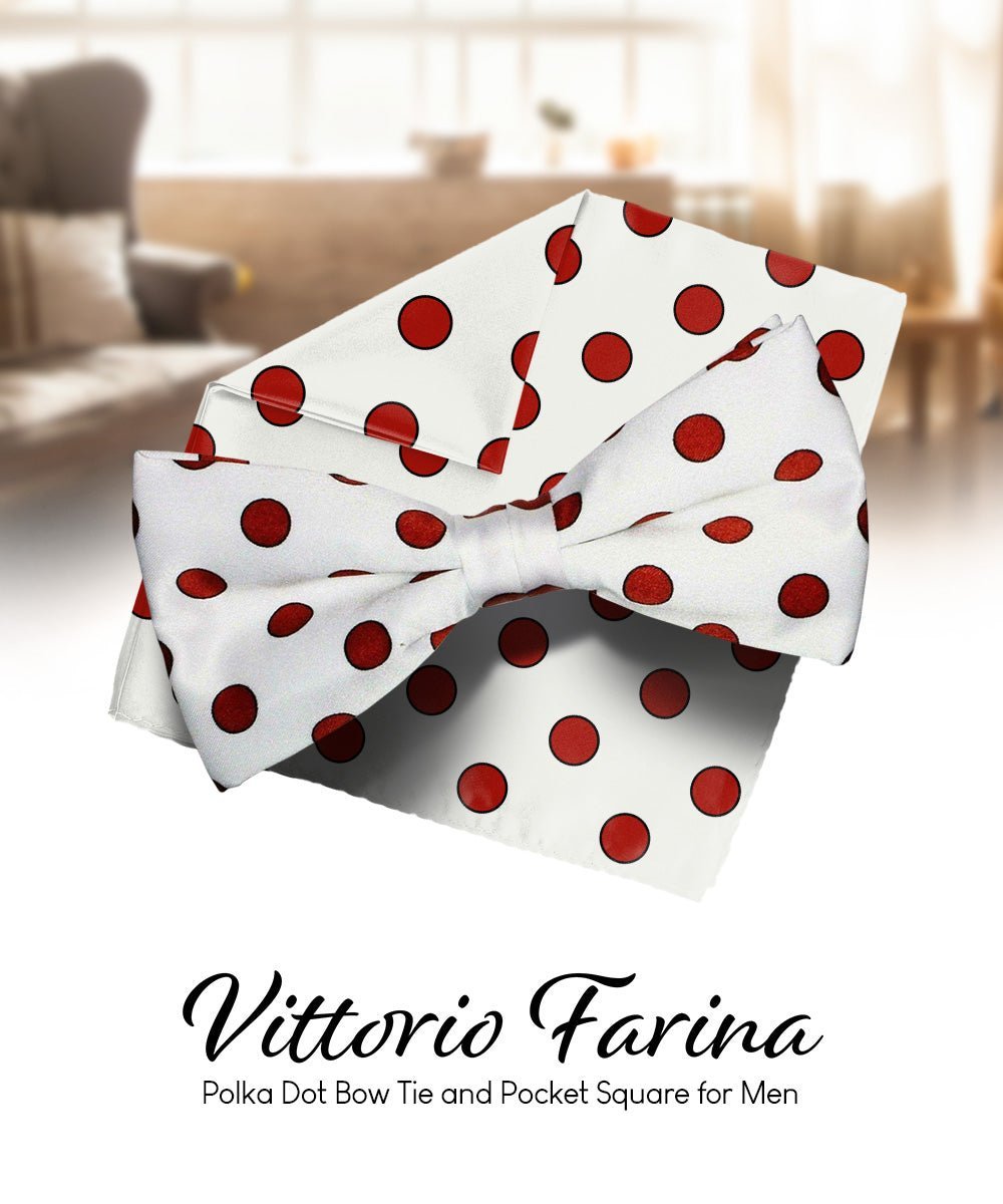 Vittorio Farina Men's Polka Dot Satin Bow Tie & Pocket Square in Gift Box - Suits You Sir - White and Red -