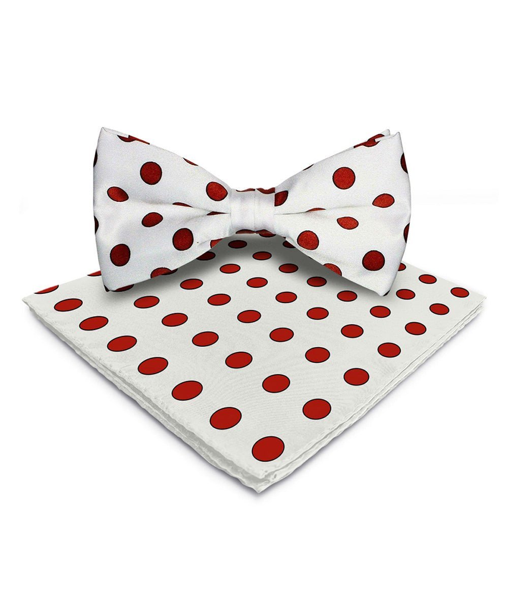 Vittorio Farina Men's Polka Dot Satin Bow Tie & Pocket Square in Gift Box - Suits You Sir - White and Red -