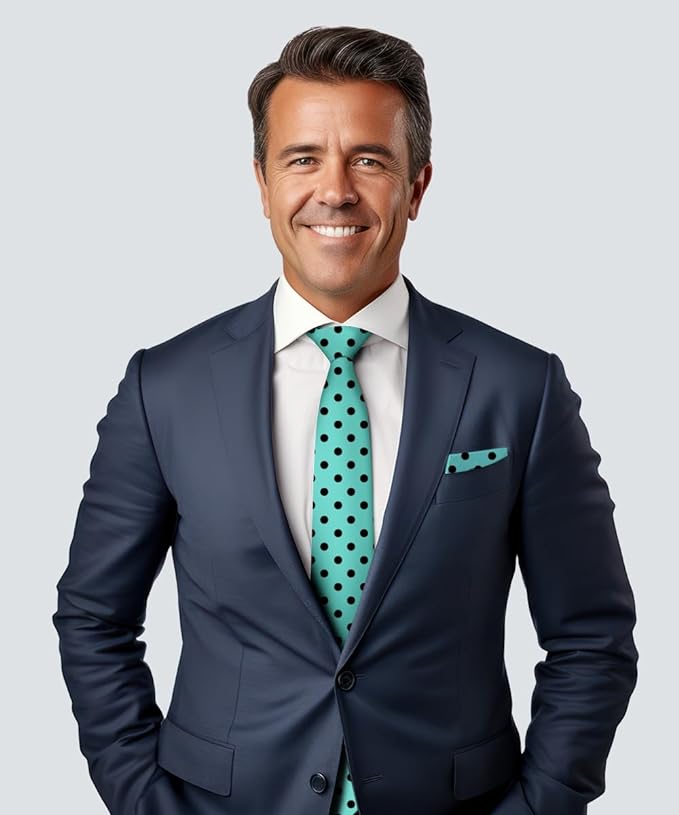 Vittorio Farina Men's Polka Dot Satin Necktie & Pocket Square - Suits You Sir - Aqua and Black -