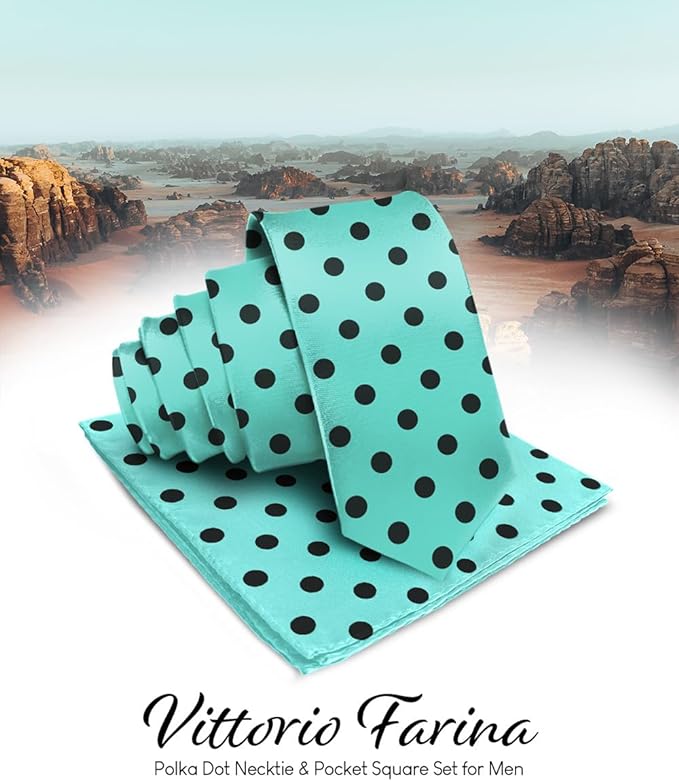 Vittorio Farina Men's Polka Dot Satin Necktie & Pocket Square - Suits You Sir - Aqua and Black -
