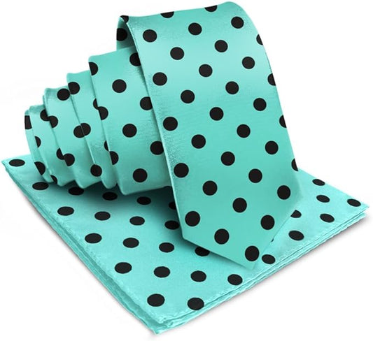 Vittorio Farina Men's Polka Dot Satin Necktie & Pocket Square - Suits You Sir - Aqua and Black -