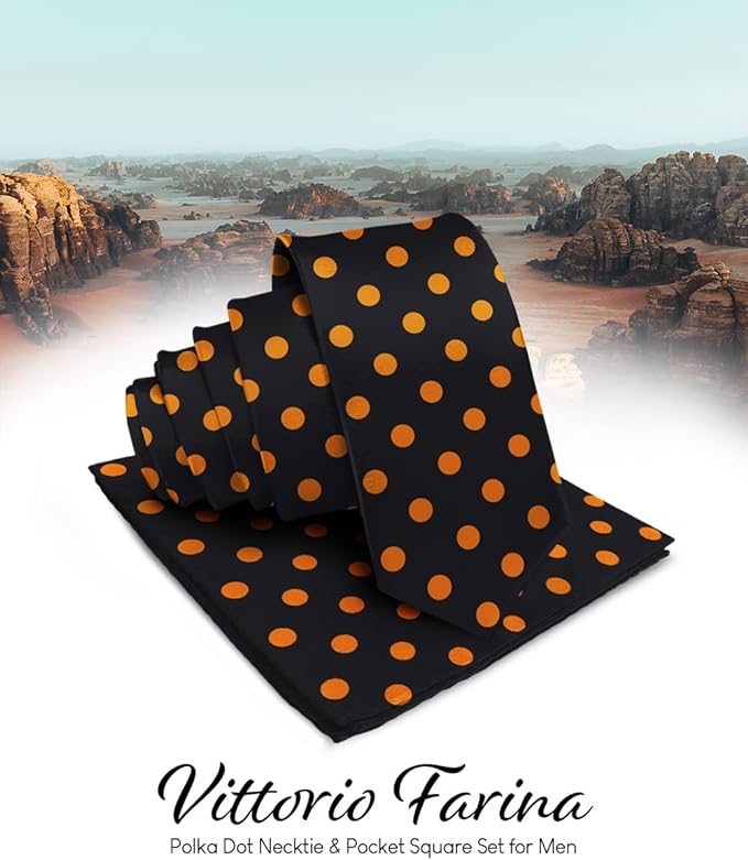 Vittorio Farina Men's Polka Dot Satin Necktie & Pocket Square - Suits You Sir - Black and Gold -