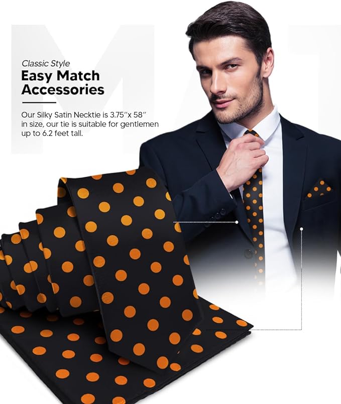 Vittorio Farina Men's Polka Dot Satin Necktie & Pocket Square - Suits You Sir - Black and Gold -