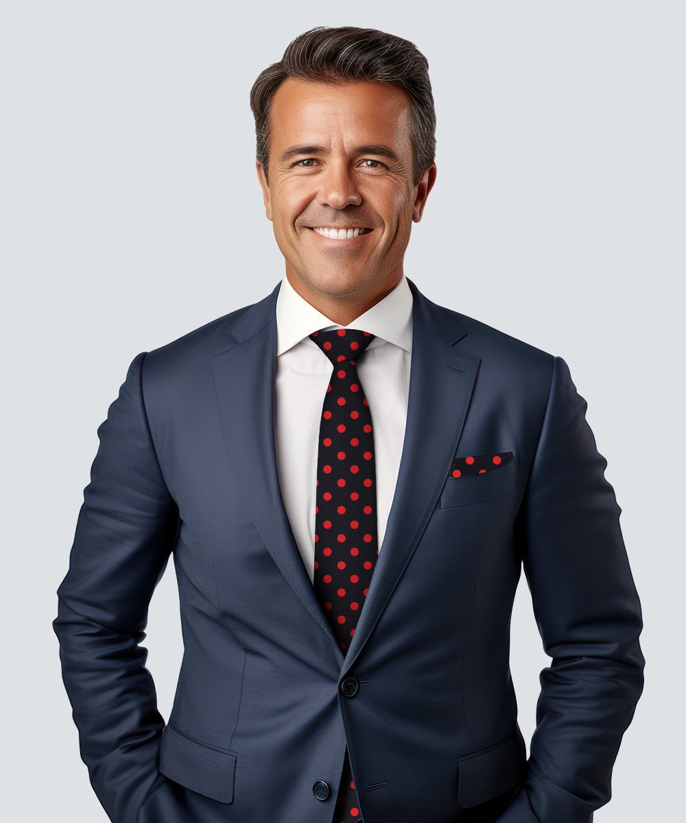 Vittorio Farina Men's Polka Dot Satin Necktie & Pocket Square - Suits You Sir - Black and Red -