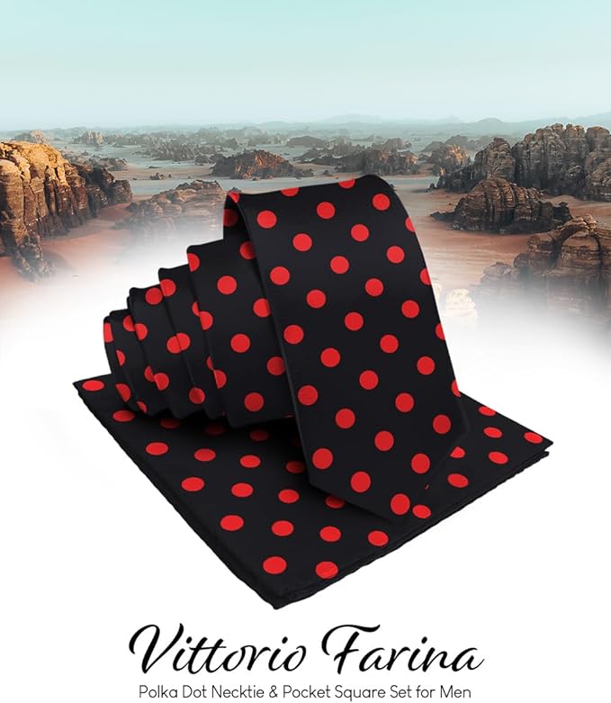 Vittorio Farina Men's Polka Dot Satin Necktie & Pocket Square - Suits You Sir - Black and Red -