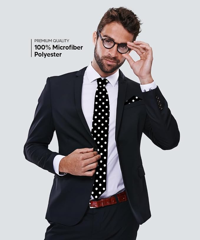 Vittorio Farina Men's Polka Dot Satin Necktie & Pocket Square - Suits You Sir - Black and White -