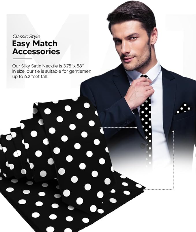 Vittorio Farina Men's Polka Dot Satin Necktie & Pocket Square - Suits You Sir - Black and White -