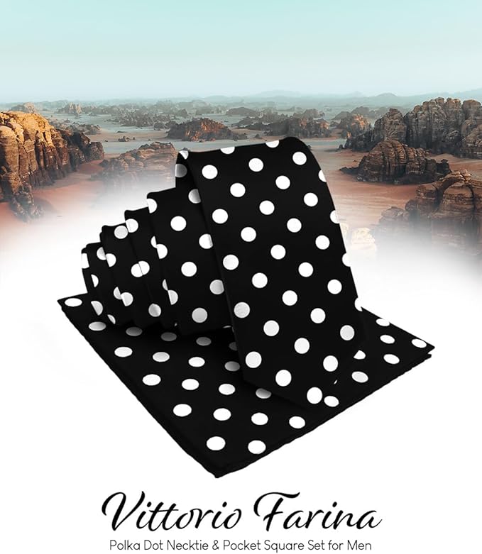 Vittorio Farina Men's Polka Dot Satin Necktie & Pocket Square - Suits You Sir - Black and White -