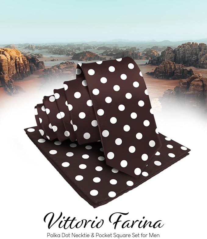 Vittorio Farina Men's Polka Dot Satin Necktie & Pocket Square - Suits You Sir - Brown and Ivory -