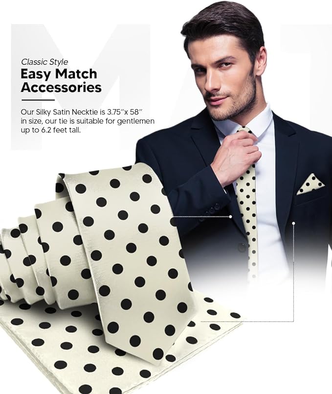 Vittorio Farina Men's Polka Dot Satin Necktie & Pocket Square - Suits You Sir - Ivory and Black -