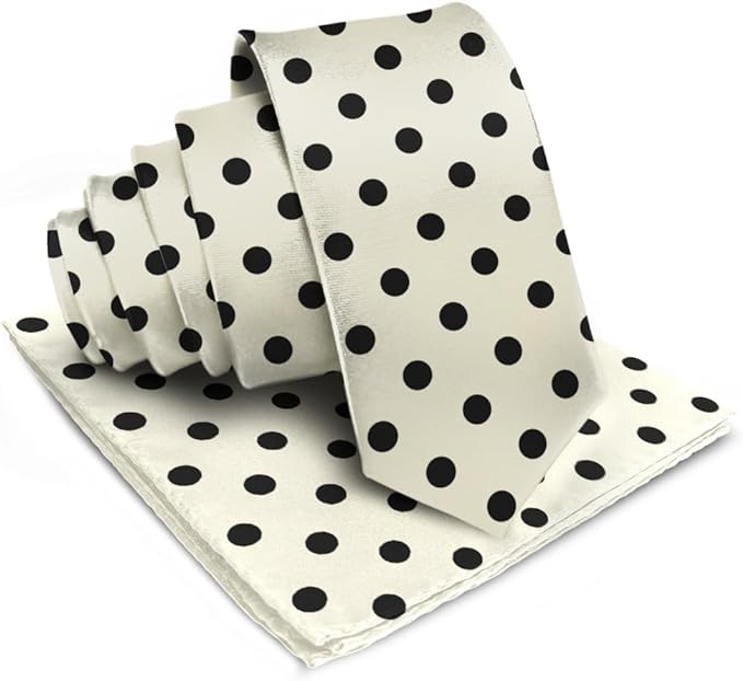 Vittorio Farina Men's Polka Dot Satin Necktie & Pocket Square - Suits You Sir - Ivory and Black -